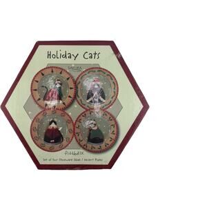 Vintage Sakura Fiddlestix Holiday Cats Stoneware Salad Plates Set of 4